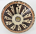 Bowl with Epigraphic Band in Kufic, Earthenware; white slip with dark-brown, olive, and reddish-orange slip decoration, incised, under transparent colorless glaze